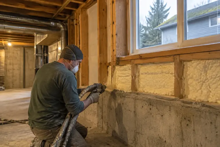 A technician sprays closed-cell foam insulation onto basement rim joists.