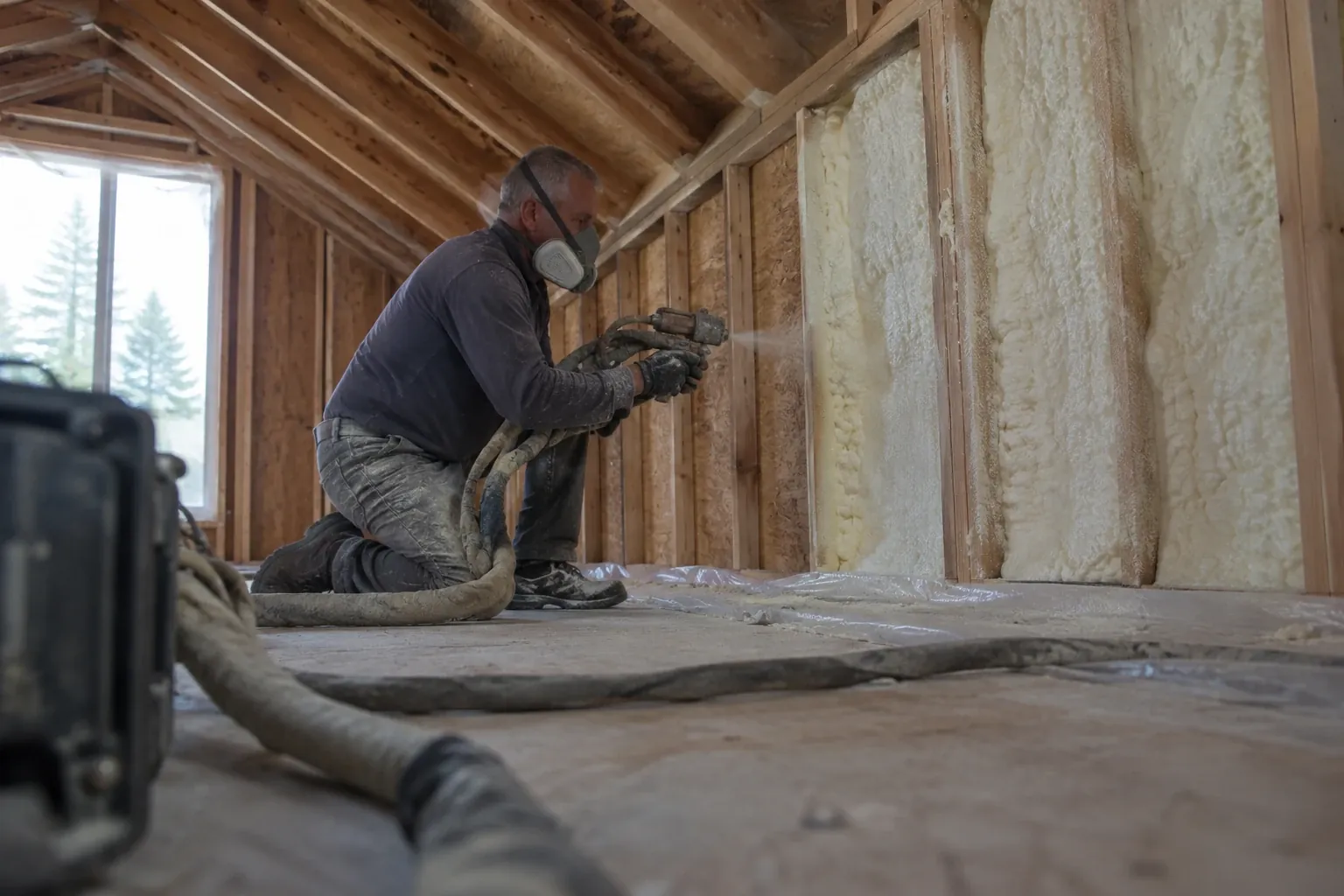 A technician sprays foam insulation into wall cavities.