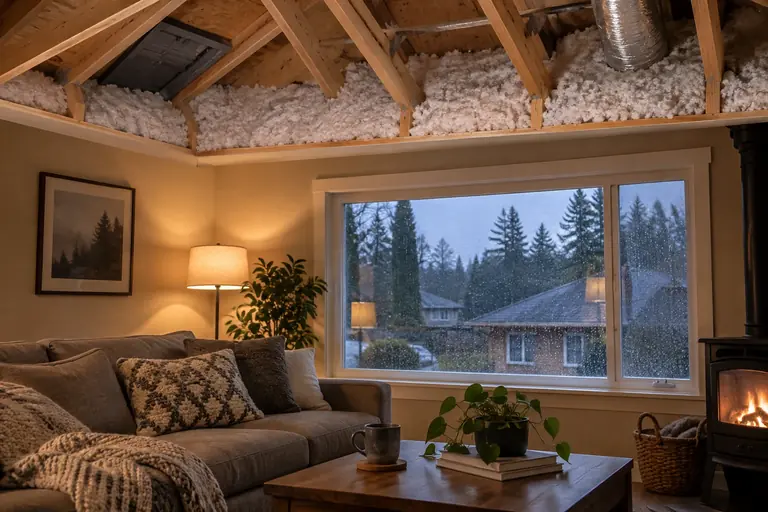 A warm and cozy living room in winter with rain visible on the window.