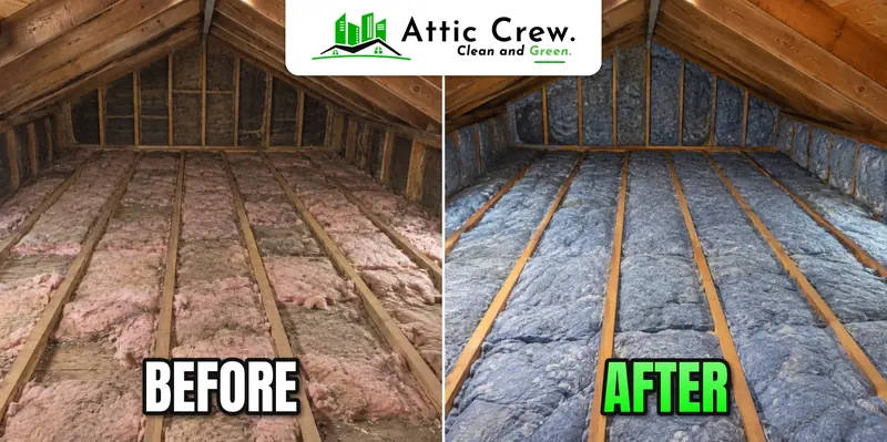 Attic insulation replacement in a 1970s Craftsman bungalow attic: before and after