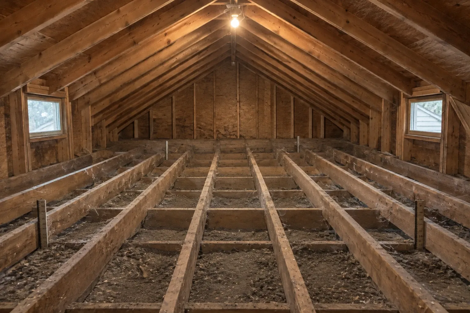 Before: The attic shows aging, uneven yellow fiberglass batts sagging between floor joists under dim incandescent light.