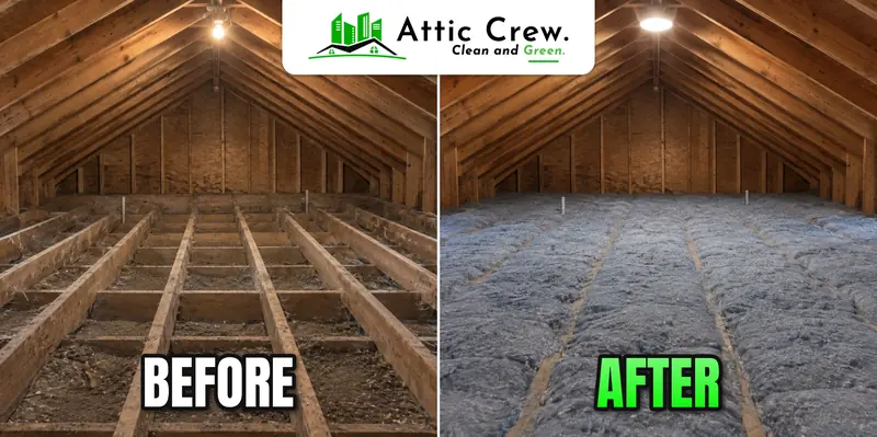 Attic insulation replacement in a 2000s two-story suburban attic with cedar siding: before and after