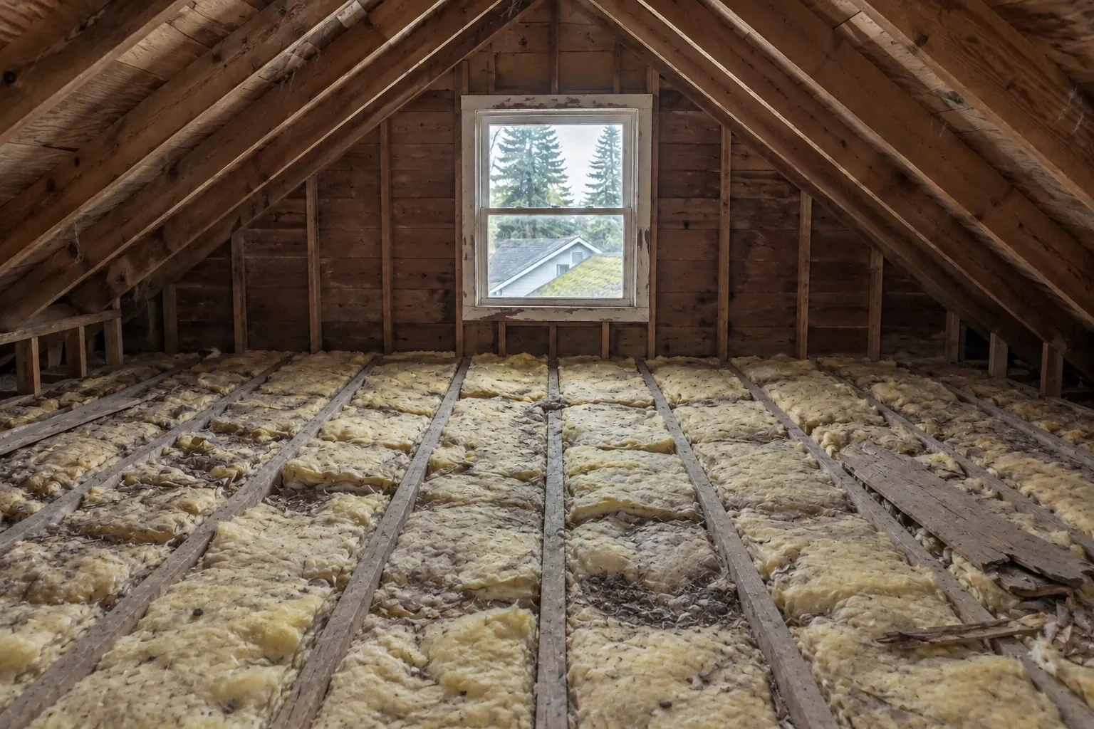 Before: The attic floor is covered with degraded yellow fiberglass batts and debris, offering poor thermal performance.