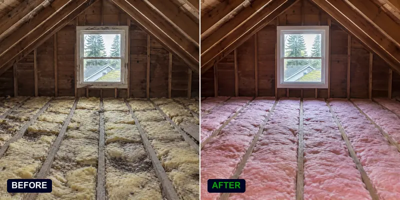 Attic insulation replacement in a Seattle Craftsman bungalow attic: before and after