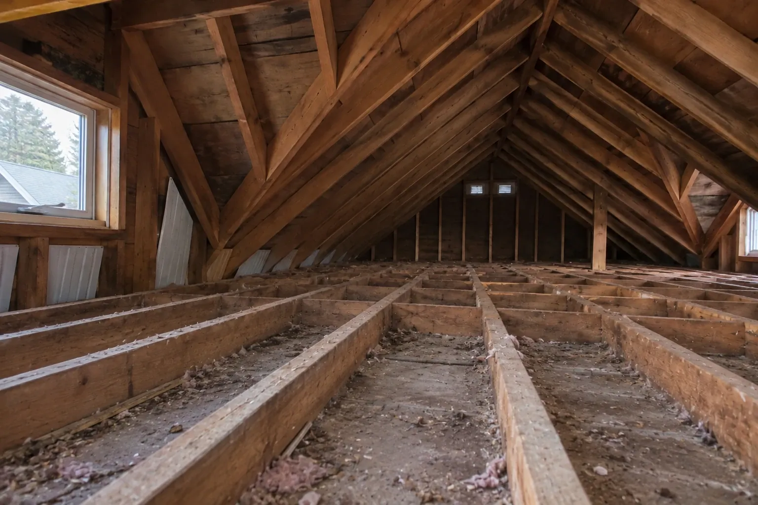Before: The attic contains aged, uneven pink fiberglass batt insulation with signs of wear and settled gaps, as A technician assesses the current condition.