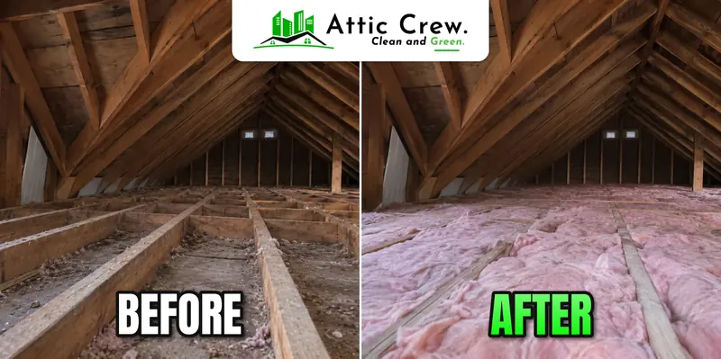 Attic insulation replacement in Craftsman bungalow attic: before and after