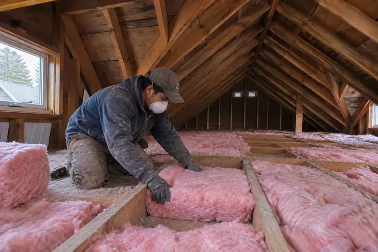 Attic insulation replacement in Craftsman bungalow attic, in progress: Mid-project, the Attic Crew removes old fiberglass batts and installs new loose-fill cellulose insulation.