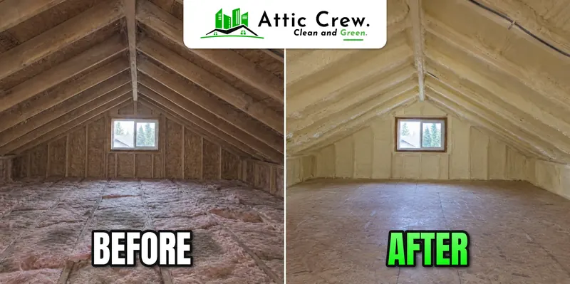 Attic spray foam insulation replacement in mid-century rambler attic: before and after