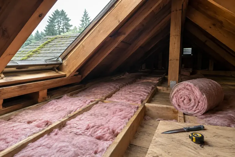 Partial installation of pink fiberglass blanket insulation between attic floor joists in a Craftsman bungalow.