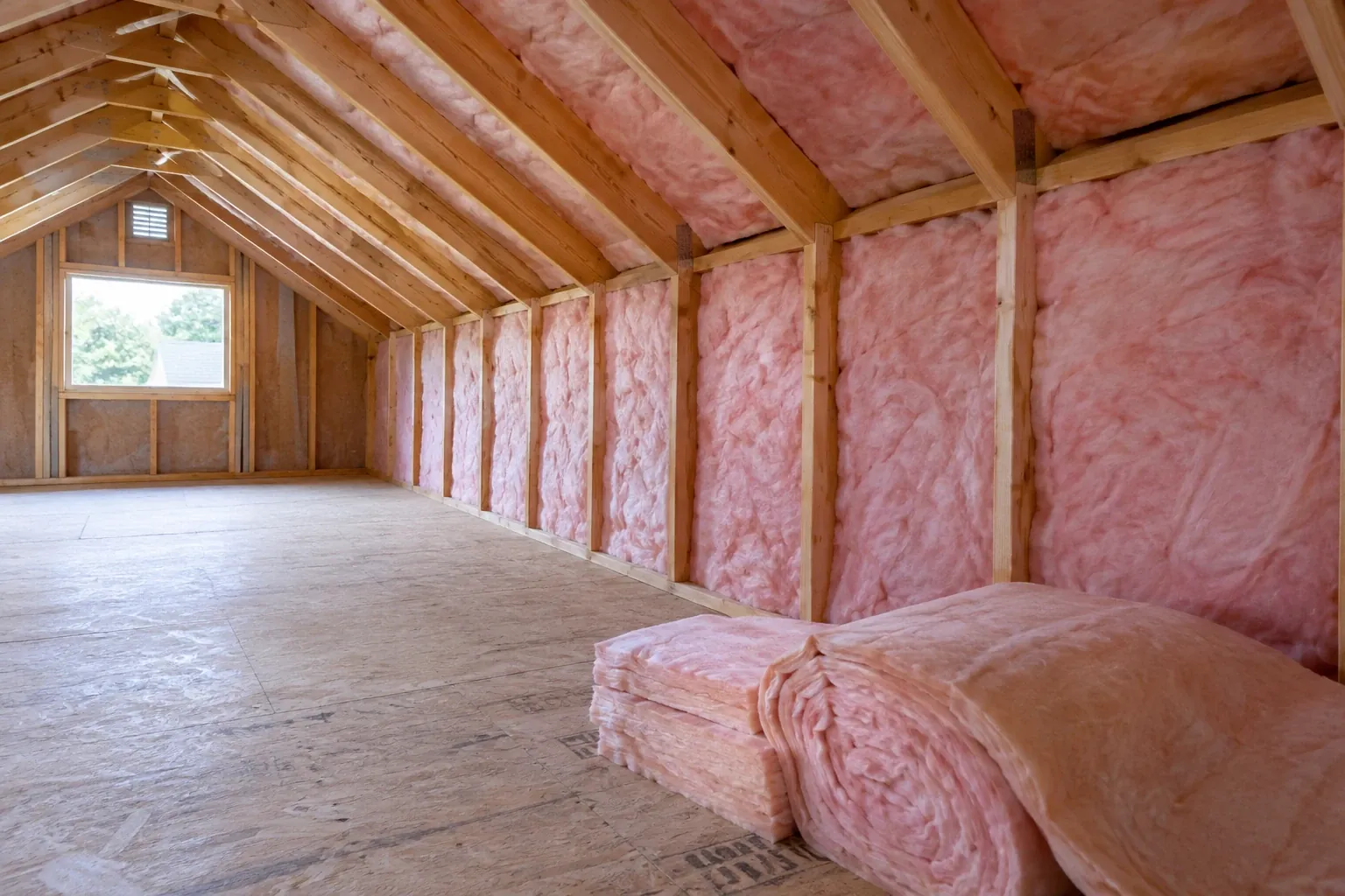 Pink fiberglass batts installed in an attic knee wall.