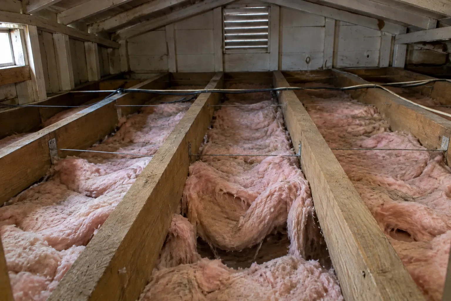 Before: The attic floor joist insulation is sagging and compressed, reducing effectiveness and clearly showing the need for support.