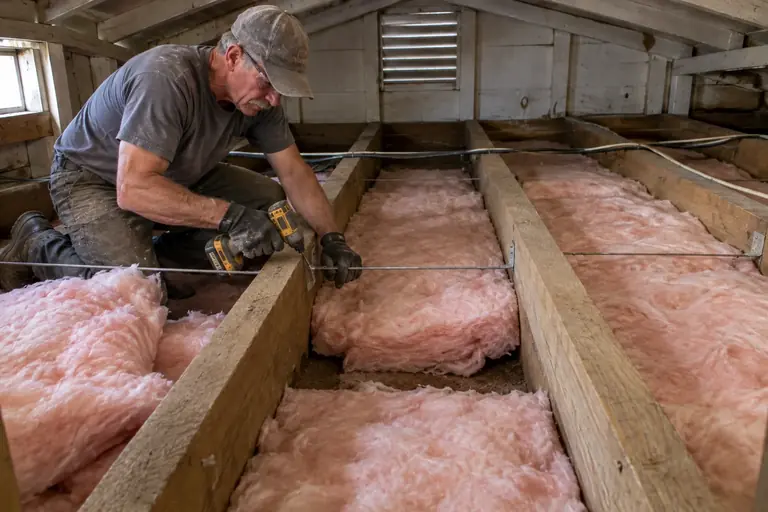 Sagging under-floor batts replaced and supported, in progress: A technician secures insulation support rods under the floor joists to hold the new batts firmly, preventing future sagging.