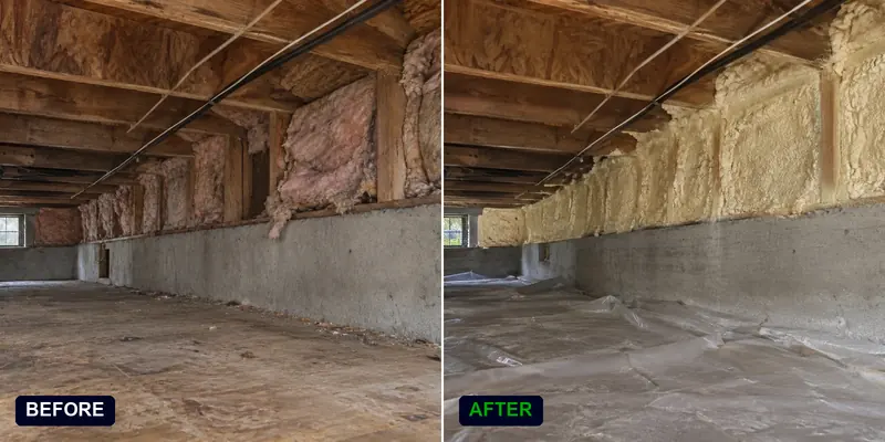 Spray foam insulation in a crawl space: before and after