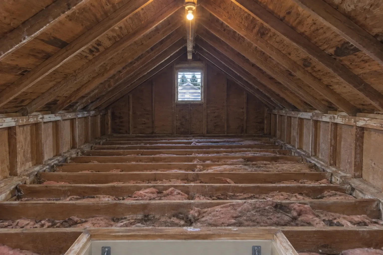 Before: The attic space shows aging and patchy insulation with bare roof decking and open knee walls, ready for professional insulation replacement.