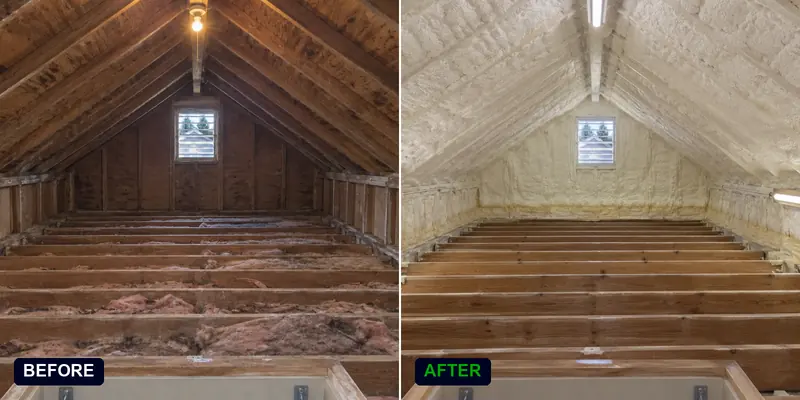 Spray foam insulation on an attic roof deck: before and after