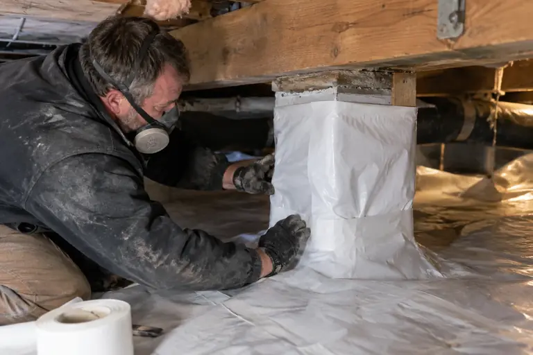 A technician carefully wraps a wooden pier post with a heavy white moisture barrier liner inside a damp crawl space.
