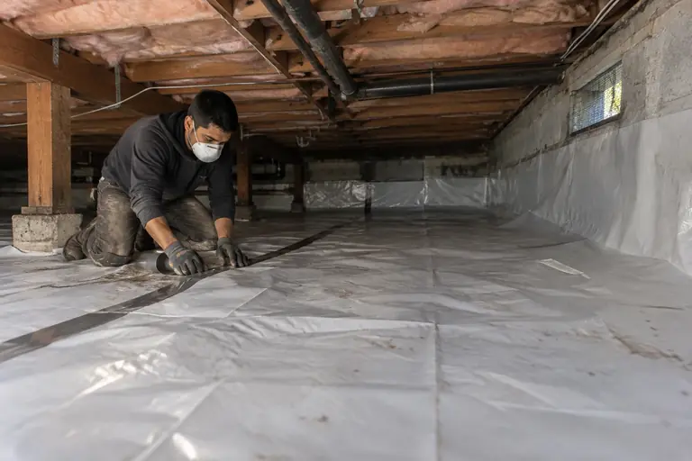A technician installs a new white polyethylene moisture barrier in a crawl space with visible damp dirt floor.