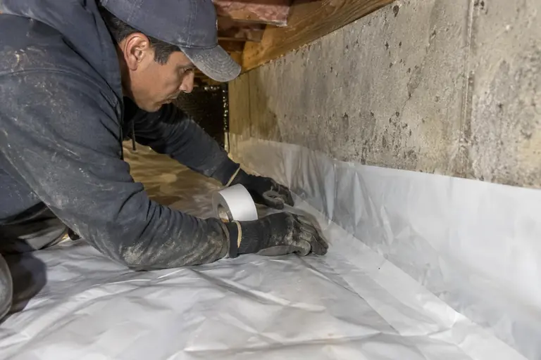 A technician installs a new white polyethylene moisture barrier over a damp dirt crawl space floor.