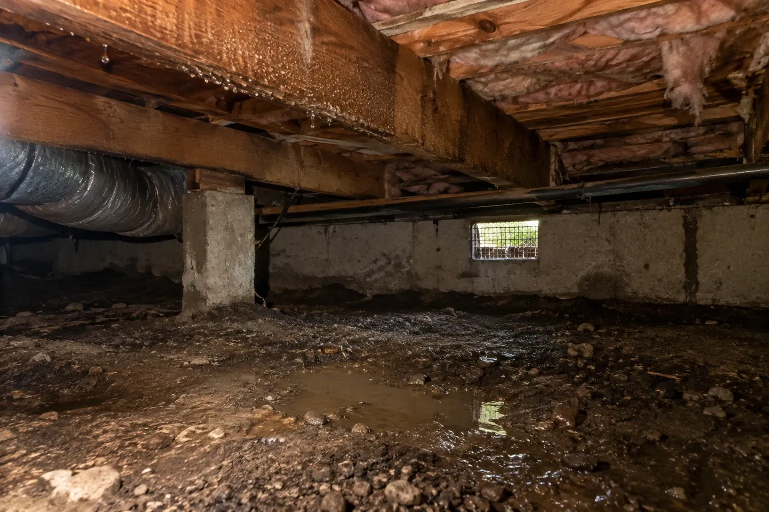 Close-up view of damp soil and visible condensation on wooden joists inside a crawl space, illustrating moisture issues prior to barrier installation.