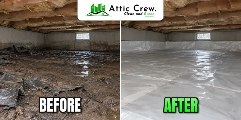 Moisture barrier installation in Bellevue crawl space: before and after