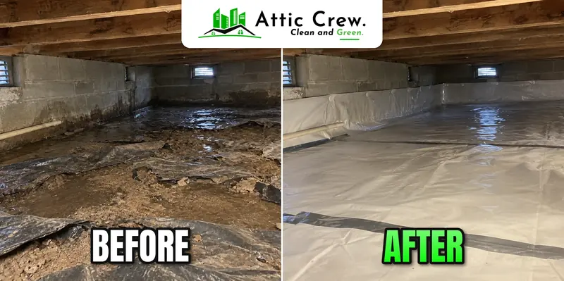 Moisture barrier installation in Everett crawl space: before and after