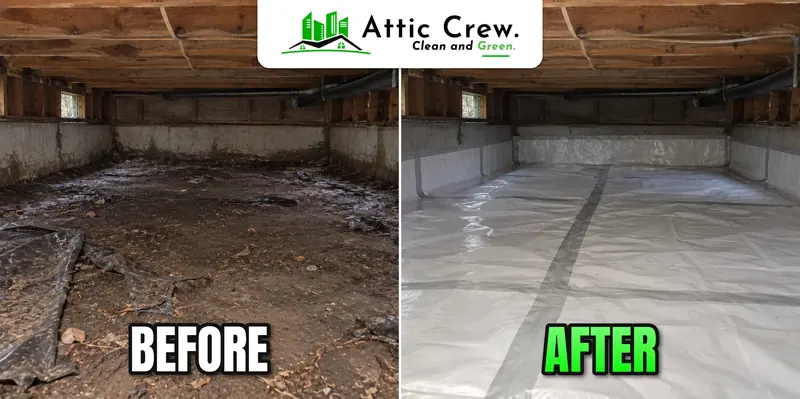 Moisture barrier installation in Seattle crawl space: before and after