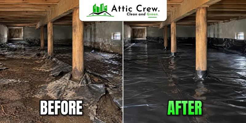 Moisture barrier installation in Tacoma crawl space with wooden support posts: before and after