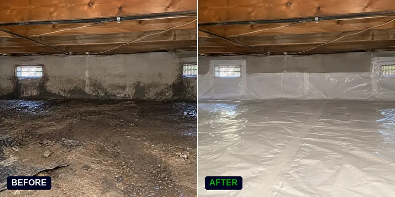 Moisture barriers in a vented crawl space on a mid-century rambler: before and after