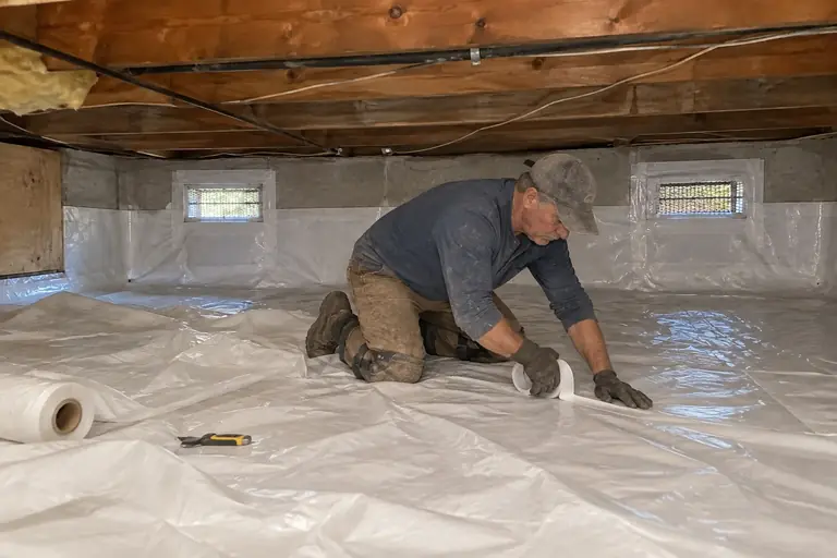 Moisture barriers in a vented crawl space on a mid-century rambler, in progress: A technician clears away the old torn vapor barrier remnants and debris to prepare the crawl space floor for the new moisture barrier.