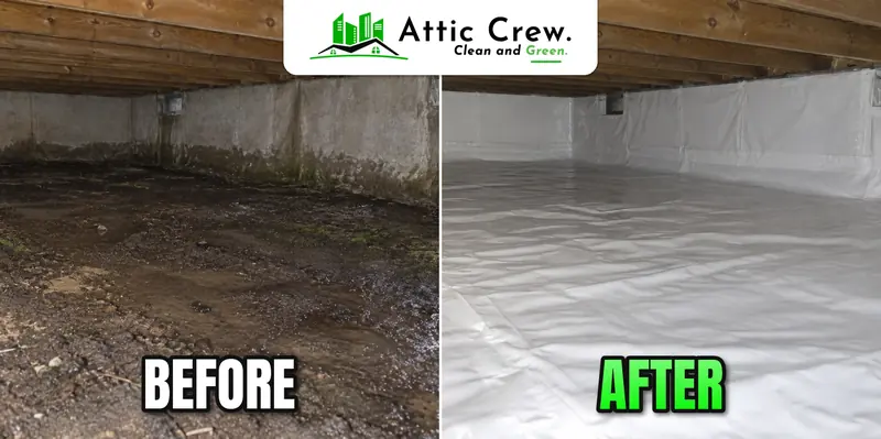 Moisture barriers installation in Marysville crawl space with exposed foundation wall: before and after