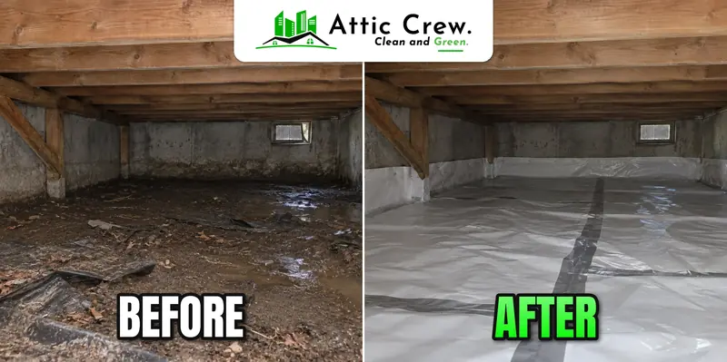 Moisture barriers installation in Mount Vernon crawl space: before and after