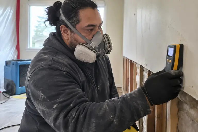 A technician checks drywall with a moisture meter after drying.