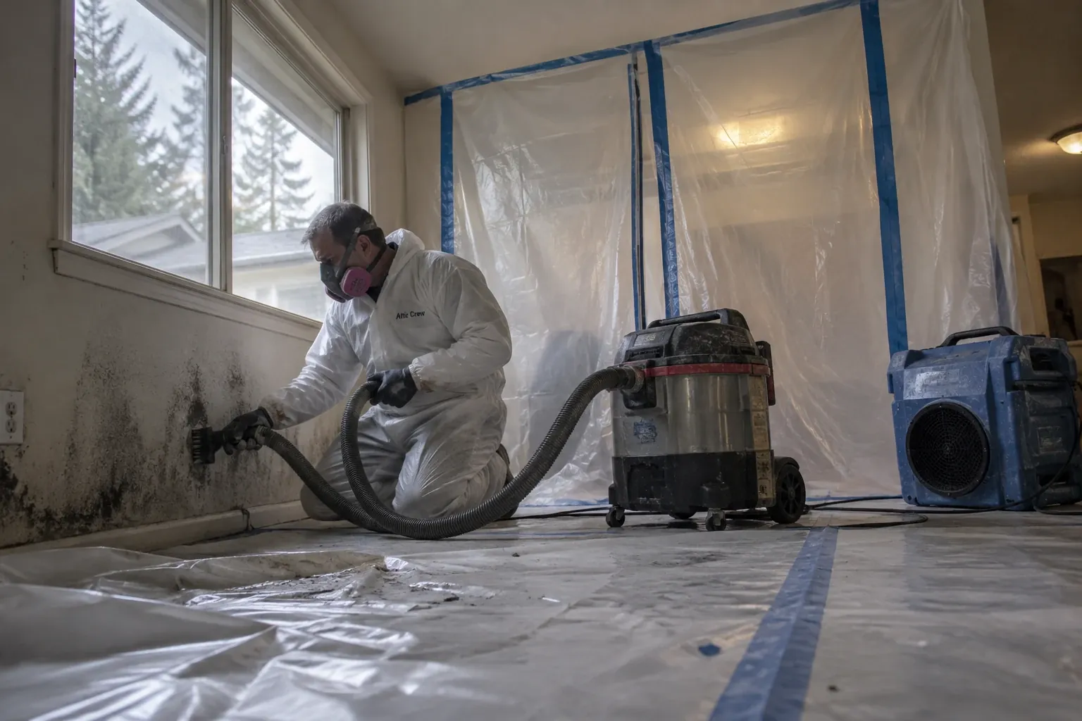 A technician HEPA-vacuums mold from a wall inside a contained room.