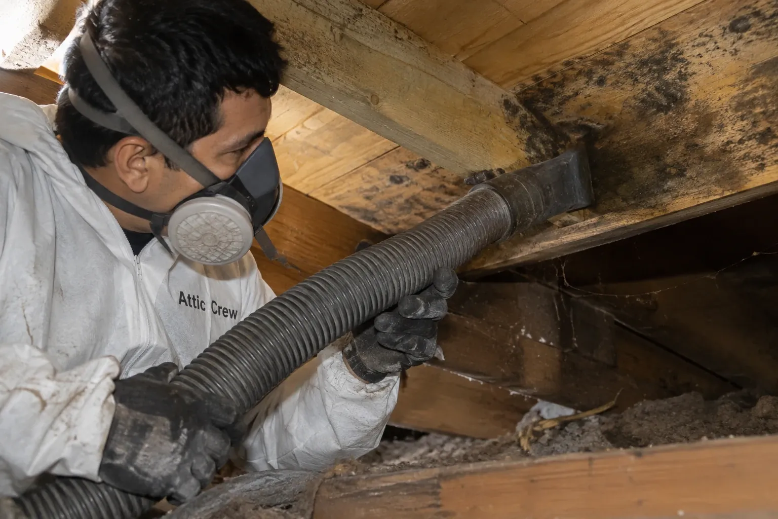 A technician HEPA-vacuums moldy attic sheathing.