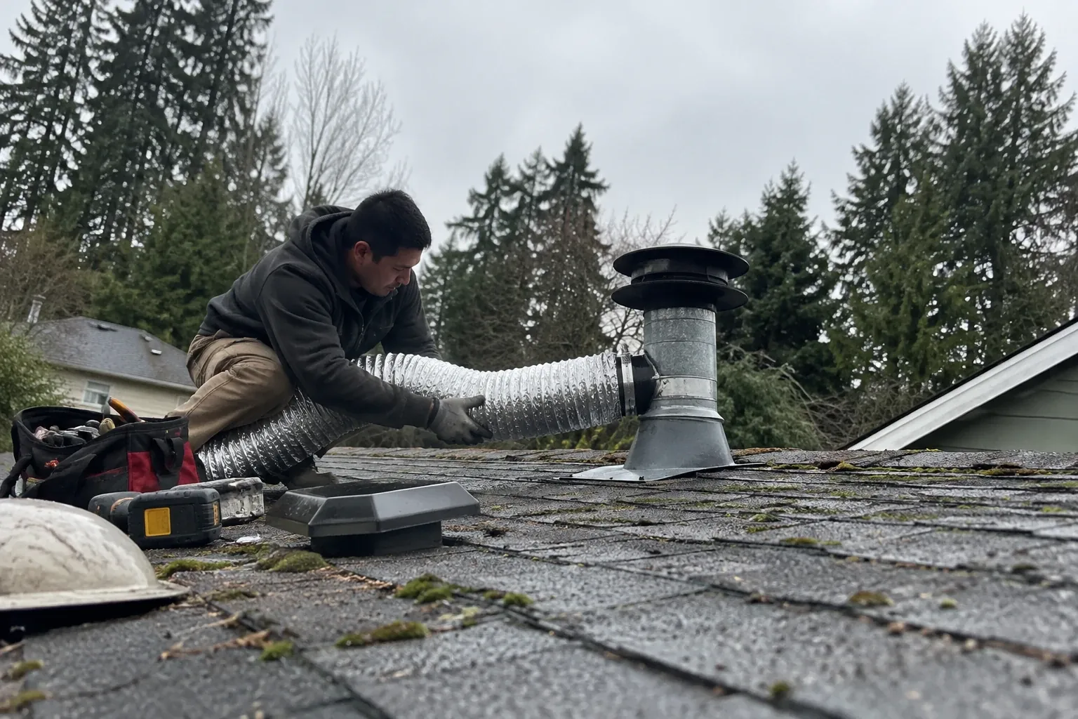 A technician is rerouting a bathroom fan duct to a new roof cap on a cedar-sided home.