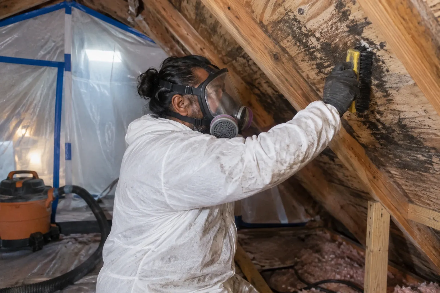 A technician performs mold remediation by scrubbing attic roof sheathing stained with dark mold in a Craftsman bungalow.