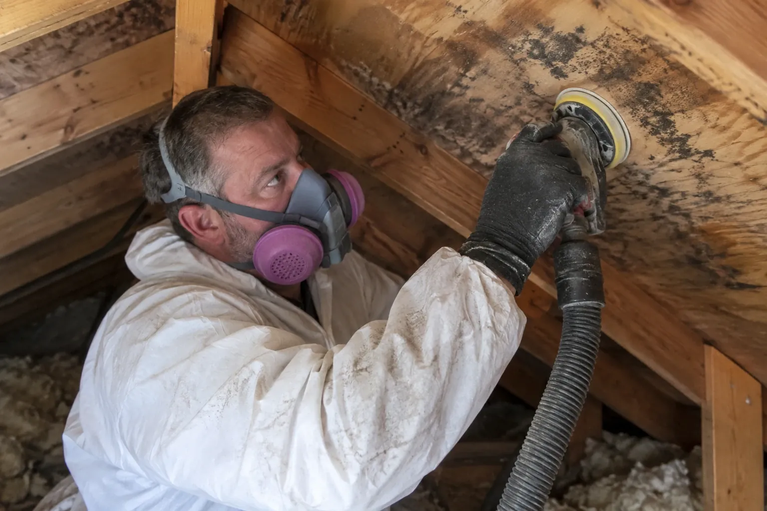 A technician sands mold-stained roof sheathing with a HEPA-vacuum sander.
