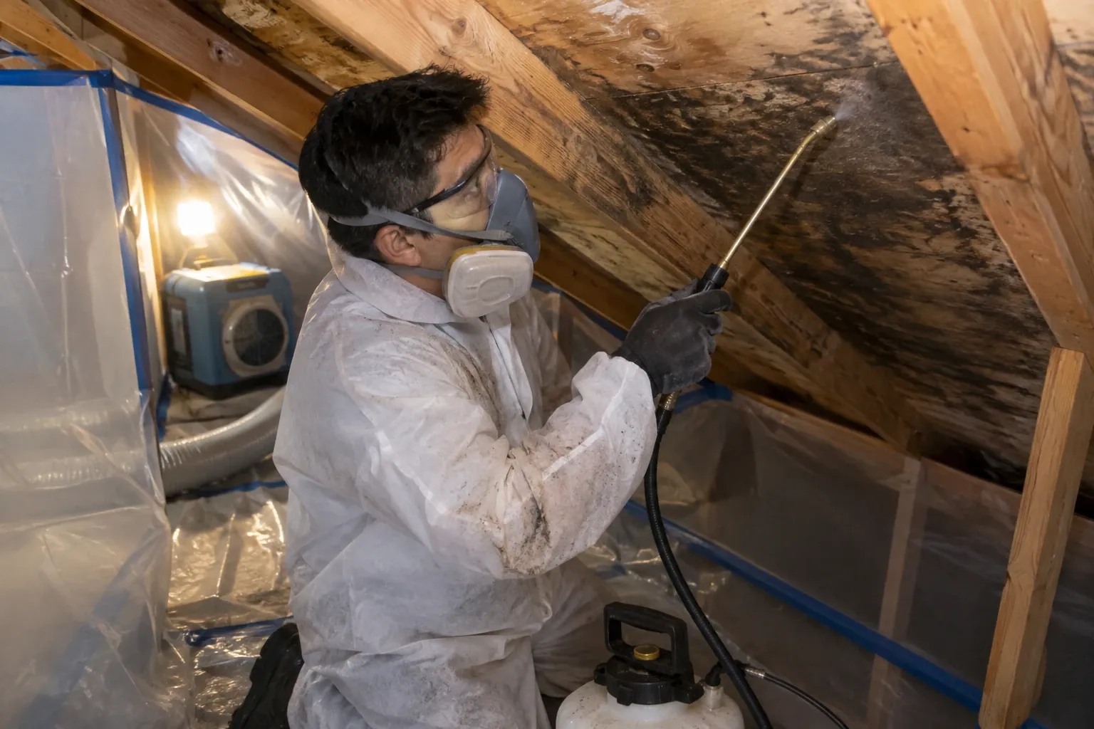 A technician sprays antimicrobial solution on attic sheathing inside containment.