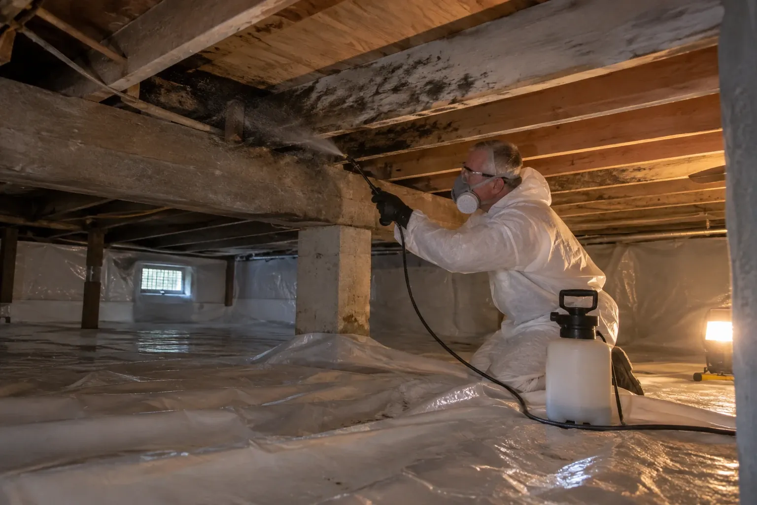 A technician sprays antimicrobial solution on moldy joists in a crawl space.