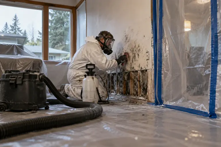 A technician treats mold on a wall inside a contained room.