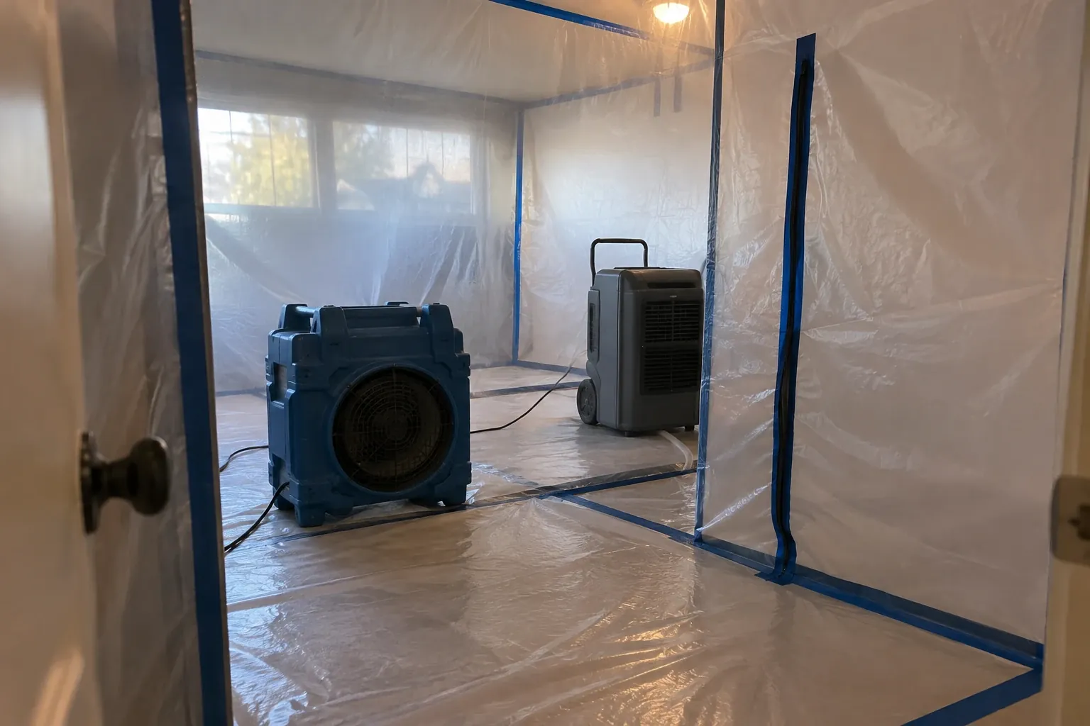 An air scrubber and dehumidifier operate inside a sealed containment area during a mold remediation process.