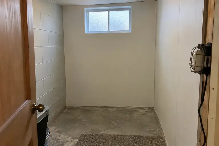 Basement closet wall rebuilt after mold, after: Finished work: The basement closet walls are fully remediated and rebuilt, free of mold and moisture damage.