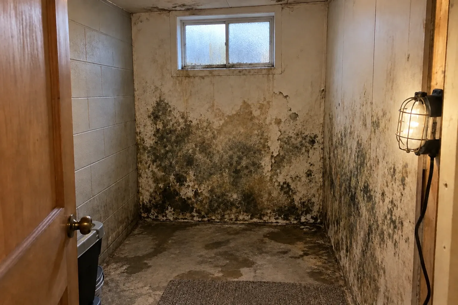 Before: Thick mold infestation covers the basement closet’s back wall drywall and right wall paneling.