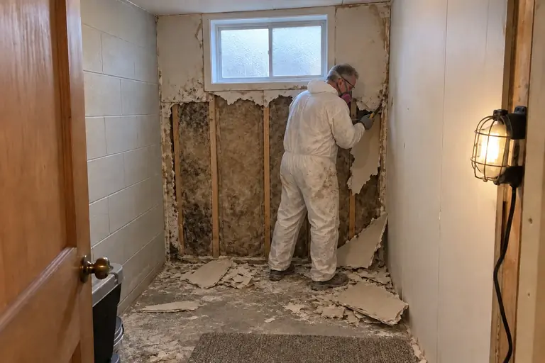 Basement closet wall rebuilt after mold, in progress: A technician carefully removes mold-damaged drywall in the basement closet, exposing studs and.