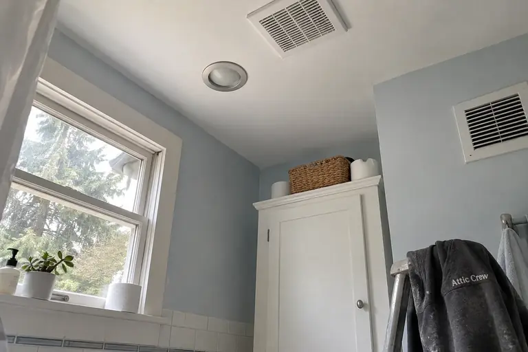 Bathroom ceiling mold repaired, after: Finished remediation: ceiling corner mold removed, repaired, and repainted to match original condition.