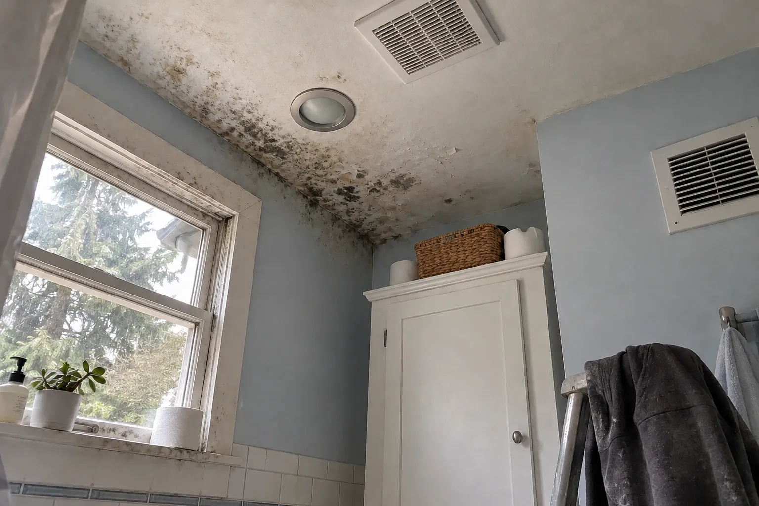 Before: The bathroom ceiling corner above the window shows widespread mold staining and paint damage.