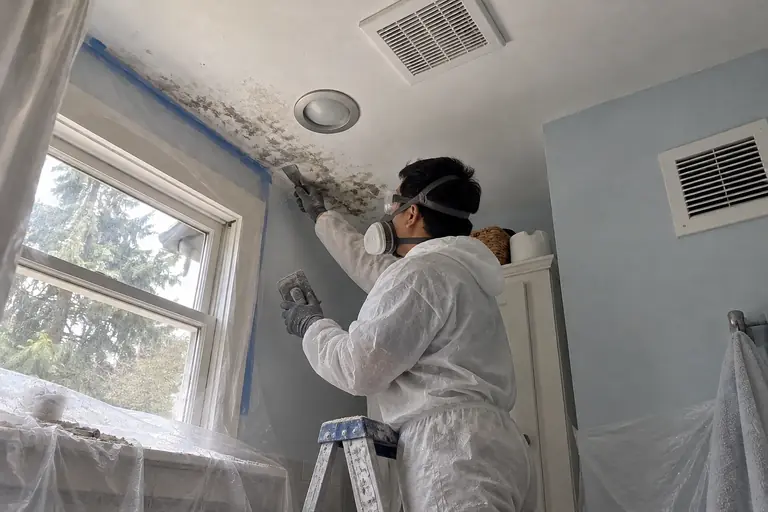 Bathroom ceiling mold repaired, in progress: Technician carefully removes mold-damaged drywall and prepares surface for repair.
