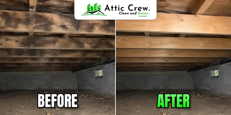 Crawl space joist mold treated: before and after