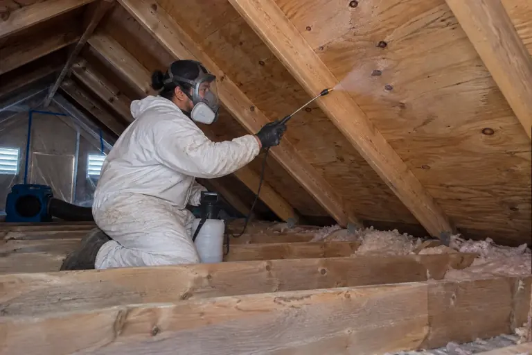 Mold remediation in Bellevue attic, in progress: A technician treats the remediated surfaces with antimicrobial spray to prevent mold recurrence.