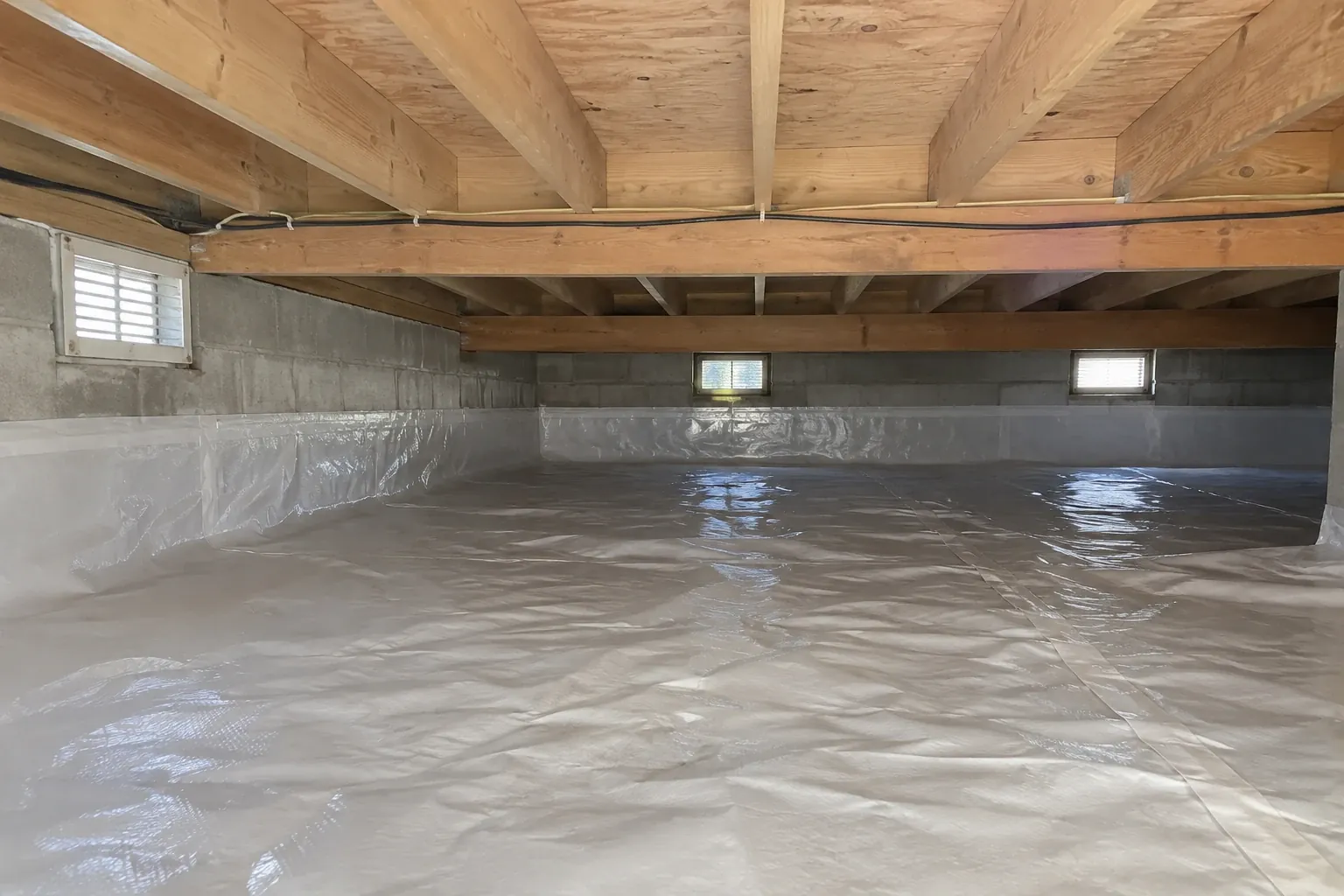 After: The crawl space joists are fully cleaned and protected, with a fresh vapor barrier in place and vents clear, completing the remediation.